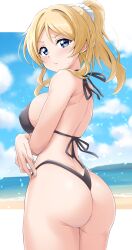 ayase_eli cowboy_shot embarrassed female huge_ass large_breasts love_live! raised_eyebrows rear_view solo solo_focus sweatdrop swimsuit thick_ass