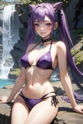 ai_generated bangs bikini genshin_impact keqing_(genshin_impact) looking_at_viewer medium_breasts purple_eyes purple_hair sitting suicidespit thighs twintails