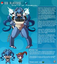 blastoise blue_hair blue_skin creature_index english_text female_focus generation_1_pokemon kamex kinkymation nintendo page_9 page_number pokémon_(species) pokemon pokemon-girl_encyclopedia pokemorph pokemusu pokephilia profile reptile shell turtle_shell