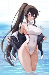 absurdres black_hair black_jacket breasts bubble competition_swimsuit counter:side covered_navel crossed_bangs female groin hair_between_eyes highleg highleg_swimsuit highres jacket large_breasts long_hair maett one-piece_swimsuit parted_lips ponytail purple_eyes removing_jacket sidelocks single_bare_shoulder solo swimsuit thighs very_long_hair wading water wet white_one-piece_swimsuit wide_hips yoo_mina