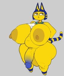 2021 accessory alternate_version_at_source animal_crossing ankha ankha_(animal_crossing) anthro areola balls belly big_areola big_balls big_breasts big_nipples big_penis biped blue_hair blush bob_cut breasts cham22 clothing digital_drawing_(artwork) digital_media_(artwork) domestic_cat featureless_feet felid feline felis flaccid full-length_portrait futanari genitals grey_background gynomorph hair hand_on_hip hi_res huge_areola huge_balls huge_breasts huge_cock huge_hips huge_nipples huge_thighs hyper hyper_balls hyper_genitalia hyper_penis intersex jewelry looking_away looking_up mammal markings mostly_nude navel nintendo nipples nude overweight overweight_anthro overweight_gynomorph overweight_intersex penis penis_accessory penis_jewelry portrait pubic_stubble puffy_nipples short_stack simple_background solo standing striped_markings striped_tail stripes tail tail_markings thick_thighs three-quarter_view topwear uraeus yellow_body