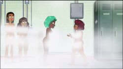 4girls angry becca_(velma) blackwashed breasts brown_hair casual curly_hair dark-skinned_female dark_skin drama female gigi_(velma) human kimmy_(velma) multiple_girls naked naked_female nude nude_female official_art public race_swap scooby-doo screencap screenshot shocked_expression short_hair shower shower_cap shower_room showering soap_censor steam steam_censor velma_(series) velma_dinkley velma_dinkley_(velma)