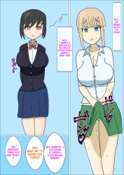 1futa 1girls 2022 bangs big_breasts big_penis black_hair blazer blonde_hair blue_background blue_eyes bow breasts bulge clothed clothing dialogue dickgirl dirty_talk duo ebimetaru english_text erection erection_under_clothes erection_under_clothing erection_under_skirt female fully_clothed futanari gyaru hiding hiding_erection human intersex light-skinned_female light-skinned_futanari light_skin long_hair medium_hair original original_character panties penis penis_bulge penis_under_clothes penis_under_skirt ponytail red_eyes school_uniform schoolgirl size_talk skirt skirt_lift standing tenting text translated