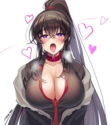 :o absurdres black_hair black_jacket black_shirt breasts choker cleavage counter:side female heart heart-shaped_pupils highres jacket large_breasts long_hair looking_at_viewer maett necktie off_shoulder open_clothes open_jacket open_mouth ponytail purple_eyes red_choker saliva shirt solo symbol-shaped_pupils tongue tongue_out upper_body very_long_hair yoo_mina