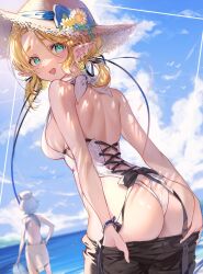 2girls ass back back_view beach blonde_hair breasts female green_eyes hat looking_at_viewer looking_back nintendo one-piece_swimsuit pants pants_down pointy_ears princess_zelda purah seaside short_hair shuri_(84k) sideboob smile swimsuit tears_of_the_kingdom the_legend_of_zelda undressing zelda_(tears_of_the_kingdom)