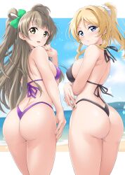 2girls ayase_eli cowboy_shot embarrassed female female_only huge_ass large_breasts love_live! medium_breasts minami_kotori nervous_smile raised_eyebrows rear_view sweatdrop swimsuit thick_ass