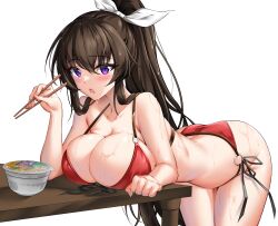 bare_arms bare_shoulders bent_over bikini black_hair blush breast_rest breasts chopsticks cleavage clenched_hand collarbone counter:side cowboy_shot elbow_rest elze_(s01047480836) female food hair_between_eyes hair_ribbon halterneck hand_up high_ponytail highres holding holding_chopsticks large_breasts long_hair looking_at_object noodles o-ring o-ring_bikini open_mouth purple_eyes ramen red_bikini ribbon side-tie_bikini_bottom simple_background solo string_bikini swimsuit table thighs very_long_hair wet white_background white_ribbon yoo_mina