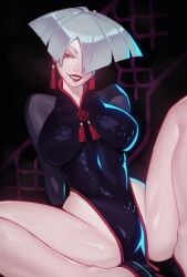 1girls a.k.i. asian breasts capcom chinese chinese_clothes clothed evil_grin evil_smile female huge_breasts human large_breasts line_art qt0ri red_eyes short_hair silver_hair smile street_fighter street_fighter_6 tassel tassel_earrings thighs twitter video_games white_skin