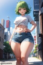 1girls ai_generated background_characters belly_button blush booty_shorts crop_top female female_only green_eyes green_hair looking_at_viewer midriff one-punch_man small_breasts solo suicidespit tatsumaki thick_thighs thighs wide_hips