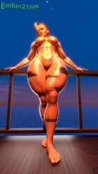 3d 4k abs absurd_res balcony barefoot blender_(software) blender_cycles blonde_hair cammy_white capcom ember21hk feet female_focus female_only leaning_against_railing leg_markings leg_tattoo lips_parted looking_at_viewer micro_bikini muscles scar_on_face shiny_skin short_hair solo_female street_fighter street_fighter_6 thick_hips thick_legs thick_thighs