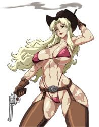 1girls alternate_background alternate_version_available balalaika big_breasts bikini bikini_bottom bikini_top black_eyes black_lagoon blonde_hair body_scars breasts cleavage clothing cowboy_gloves cowboy_hat cowgirl erect_nipples f.b.w female female_only firearm gun hair handgun hat headwear hips holding_weapon huge_breasts human legwear lips lipstick long_hair pale_skin red_bikini red_lips red_lipstick revolver scar scars solo solo_female swimwear thick_lips thick_thighs thighs transparent_background weapon wide_hips