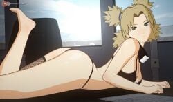 bare_legs bare_shoulders barefoot big_breasts boruto:_naruto_next_generations bra breasts choker cleavage desk feet_up fishnets hokage_office indoors koikatsu kunoichi leg_strap looking_at_viewer lying lying_on_desk lying_on_stomach naruto naruto_(series) naruto_shippuden ninja office on_desk on_stomach one_leg_up otsukira panties petite ponytail quad_tails side_view sideboob solo sunagakure_symbol teal_eyes temari temari(genin) tied_hair underwear young