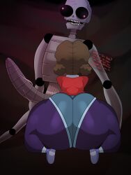 1girls ass_focus back_view big_ass big_butt blue_shorts brown_hair bubble_ass bubble_butt butt_focus cables cassie_(fnaf) dat_ass dialogue dialogue_box fat_ass five_nights_at_freddy's five_nights_at_freddy's:_security_breach imminent_anal imminent_sex jean_shorts la_sandia metallic_body minishorts robot security_breach:_ruin shorts shortstack skeleton tagme text text_box text_bubble the_mimic_(fnaf) vein veiny_penis