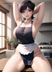 1girls 2023 ai_generated apron apron_only armpits arms_behind_head arms_up big_breasts black_apron black_eyes black_thong breasts cleavage curvaceous curvy detailed female female_only hair hands_behind_head hi_res huge_breasts illumaru komi-san_wa_komyushou_desu komi_shuuko large_breasts lips mature mature_female mature_woman milf mother naked_apron purple_eyes purple_hair seductive seductive_look short_hair sitting sitting_on_table solo solo_female stable_diffusion thick_thighs thighs voluptuous voluptuous_female