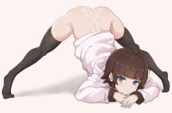 ahoge ass black_thighhighs blue_eyes blunt_bangs bottomless brown_hair closed_mouth counter:side female highres jack-o'_challenge jack-o_pose jageungansik long_sleeves looking_at_viewer no_panties shadow solo spread_legs thighhighs tiptoes top-down_bottom-up yang_harim