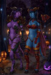 2girls blizzard_entertainment blue_hair blue_skin draenei female female_only halloween kichi_(warcraft) multiple_girls nipple_slip original_character ottomarr purple_hair purple_skin vyssele warcraft world_of_warcraft