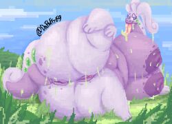 against_surface antennae_(anatomy) anthro anus ass bedroom_eyes belly big_belly big_breasts big_butt bodily_fluids breasts clitoris detailed_background digital_media_(artwork) dragon female field freckles_on_butt generation_6_pokemon genitals goodra grass hi_res huge_breasts huge_butt long_tongue looking_at_viewer lying narrowed_eyes nintendo nipples nude numelgon on_back on_glass outside overweight pixel_(artwork) plant pokemon pokemon_(species) puffy_anus purple_body purple_nipples purple_skin pussy seductive slime smile solo spread_legs spreading tail thefluffyrey69 thick_thighs tongue tongue_out