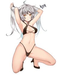 armpits arms_up bare_legs bikini black_bikini breasts character_name closed_mouth counter:side eyebrows_hidden_by_hair female full_body grey_hair hair_lift halterneck highleg highleg_panties highres hilde_(counter:side) long_hair looking_at_viewer medium_breasts navel o-ring o-ring_bikini o-ring_top orange_eyes panties simple_background smile solo squatting swimsuit thighs underwear white_background zoopoo