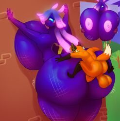 against_surface against_wall anal anal_sex antennae_(anatomy) anthro ass ava_(fortnite) balls big_balls big_breasts big_butt big_penis blush breast_squeeze breasts brown_body brown_ears brown_fur canid canine digital_creature dipstick_tail duo female fennix_(fortnite) fortnite fox from_behind_position fur genitals gloves_(marking) gradient_body hair hair_over_eye heart hi_res huge_breasts huge_butt humanoid jovi_cap leg_markings long_hair male male/female mammal markings nipples one_eye_obstructed orange_body orange_fur orange_hair penetration penis perching_position pink_hair pink_nipples pseudo_hair purple_body purple_breasts purple_butt purple_hair purple_skin red_fox sex shannon_rat size_difference small_dom_big_sub socks_(marking) tail tail_markings tarr_(fortnite) tentacle tentacle_hair