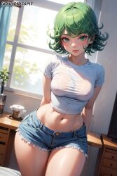 1girls ai_generated belly_button blush booty_shorts crop_top female female_only green_eyes green_hair looking_at_viewer midriff one-punch_man short_hair small_breasts solo suicidespit tatsumaki thick_thighs thighs