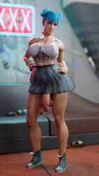 3d big_breasts big_penis blue_moon_(cyberpunk_2077) casual clothing cyberpunk_2077 footwear futa_only futanari hornywitches3d human intersex public skirt solo