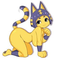 absurdres animal_crossing animal_ears ankha ankha_(animal_crossing) black_eyes blue_hair breasts cat_ears cat_girl cat_tail feline female furry highres large_breasts looking_at_viewer meme nintendo nude original paw_pose potatoartox short_hair simple_background smile solo tail