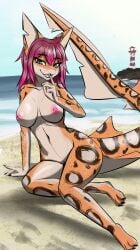 anthro areola barely_visible_genitalia beach breasts countershading felid female fish genitals green_eyes hair hi_res leopard lionblaze275 mammal marine nipples pantherine purple_hair seaside shark sitting sky smile solo solo_focus tail thick_tail