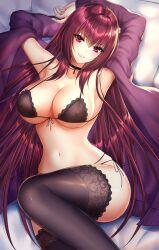 armpits arms_behind_head black_bra black_panties black_thighhighs blush bra breasts cardigan choker cleavage commentary_request fate/grand_order fate_(series) female gem hair_between_eyes head_tilt knee_up lace lace-trimmed_bra lace-trimmed_legwear lace_trim large_breasts long_hair looking_at_viewer lying mallizmora navel off_shoulder on_back open_cardigan open_clothes panties pillow purple_cardigan purple_hair red_eyes red_gemstone scathach_(fate) side-tie_panties smile solo stomach thighhighs underwear very_long_hair