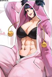 1girls abs asian asian_female belly belly_button black_hair capcom cromwellb dark_hair fake_eye female female_only fit fit_female juri_han korean korean_female light-skinned_female light_skin muscles muscular muscular_female onesie pajamas pink_eyes pink_hair pink_hair_streak revealing_clothes solo street_fighter street_fighter_6 toned toned_female tongue tongue_out tummy