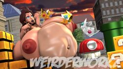 3d belly belly_bulge big_belly big_breasts breasts brown_hair burp burping burping_up_items burping_up_object female huge huge_breasts mario_(series) mrweirdworkz nintendo nipples outdoors pauline same_size_vore super_mario_bros. vore weirderworkz