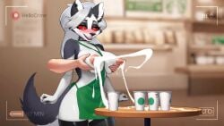 1girls 2d animated anthro apron areola black_nose blush breast_milking breasts collar cup demon demon_girl disembodied_hand ear_piercing female fur grey_body grey_fur grey_hair hellocrime helluva_boss iced_latte_with_breast_milk lactating lactation looking_down loona_(helluva_boss) milk nipples no_sound open_mouth open_smile piercing recording red_sclera shorter_than_30_seconds shorter_than_one_minute smile spiked_collar spikes tagme tail video white_body white_eyes white_fur