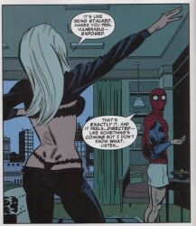 1boy 1girls big_ass black_bra black_cat_(marvel) black_panties bra comic comic_page comics felicia_hardy getting_dressed half-dressed half_naked hotel_room lamp marvel marvel_comics panties peter_parker presenting spider-man spider-man_(series) staring staring_at_partner talking_to_another underwear undressing white_hair window