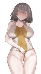 arknights ass_visible_through_thighs blush breasts brown_eyes brown_hair closed_mouth clothes_lift collarbone covered_navel cowboy_shot earrings embarrassed female grey_hair highres jewelry large_breasts lifted_by_self looking_at_viewer magallan_(arknights) multicolored_hair nose_blush one-piece_swimsuit otsumami_(02mami) partially_visible_vulva short_hair simple_background solo streaked_hair sweat swimsuit swimsuit_lift thigh_gap two-tone_hair two-tone_swimsuit wedgie white_background white_one-piece_swimsuit yellow_one-piece_swimsuit