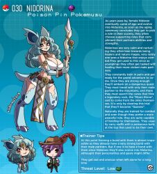 belt blue_hair creature_index english_text female female_focus generation_1_pokemon humanoid kinkymation nidorina nintendo page_30 page_number pokémon_(species) pokemon pokemon-girl_encyclopedia pokemorph pokemusu pokephilia profile spear staff