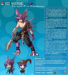 belt creature_index english_text generation_1_pokemon horn kinkymation male_focus necklace nidorino nintendo page_33 page_number pokémon_(species) pokedex pokemon pokemon-girl_encyclopedia pokemorph pokemusu pokephilia profile purple_hair spear