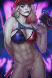 blue_hair bottomless dc dc_comics harley_quinn looking_at_viewer margot_robbie muscular_female pussy shikari