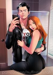 1boy 1girls ass barbara_gordon batgirl bathroom batman_(series) big_ass big_butt dat_ass dc dc_comics fat_ass female ginger ginger_hair green_eyes hand_on_back hand_on_waist huge_ass hugging jacket jason_todd male male/female mirror mirror_reflection mirror_selfie muffinmonstah phone red_hair red_hood_(dc) selfie sleeveless smartphone straight taking_picture taking_selfie tight_clothing tight_pants white_hair_stripe white_strand_of_hair wholesome