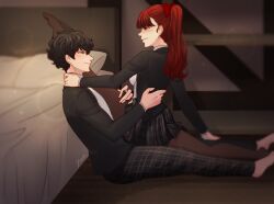 1boy 1boy1girl 1girls bed bedroom black_hair female flexible grinding indoors inside kasumi_yoshizawa litoldebil long_hair looking_at_another male male/female pantyhose persona persona_5 ponytail red_eyes red_hair red_ribbon ribbon school_uniform splits stretching tagme teasing thighs