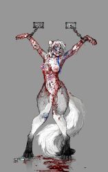 anthro blood bodily_fluids breasts captured chains cuff_(restraint) female gore handcuffs jeffusherb metal_cuffs restraints solo