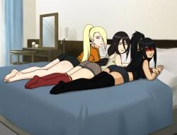 3girls bed boruto:_naruto_next_generations female female_only hyuuga_hanabi ino_yamanaka kumari_zain living_room looking_at_viewer naruto naruto_shippuden smile thighhighs yamanaka_ino