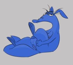 2023 aardvark angry anthro anus blue_body breasts female genitals grey_background half-closed_eyes hi_res honeymono looking_at_viewer mammal narrowed_eyes nude one_leg_up pussy raised_leg rule_63 simple_background sitting solo the_ant_and_the_aardvark