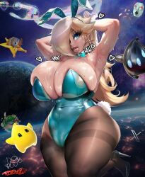 alternate_breast_size andross big_breasts big_lips bimbo bimbo_lips blonde_hair blue_eyes breasts_bigger_than_head bunny_girl bunnysuit high_heels huge_breasts lips luma mario_(series) mole_on_breast plump polari princess_rosalina pussy_visible_through_clothes rainbow_road space super_mario_galaxy thick_lips thick_thighs tudduls