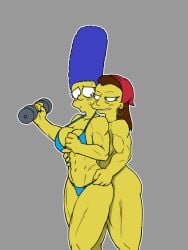 2girls abs bandana biceps bikini bikini_thong blue_bikini blue_hair blush brown_hair clothed_female_nude_female devil_draenor dumbbell earrings long_hair marge_simpson muscle_girl muscular muscular_female navel nude_female ruth_powers the_simpsons thong toned_female yellow_body yellow_skin yuri