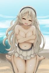 1girls accidental_exposure alternate_costume bikini bikini_bottom bikini_malfunction breasts cleavage closed_eyes corrin_(female)_(summer)_(fire_emblem) corrin_(fire_emblem) corrin_(fire_emblem)_(female) covering covering_breasts embarrassed female female_only fire_emblem fire_emblem_fates fire_emblem_heroes grey_hair hairband honyaa_(honya--1123) large_breasts long_hair nintendo official_alternate_costume open_mouth smile solo swimsuit topless wardrobe_malfunction white_bikini white_swimsuit