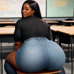 1girls ai_generated big_ass big_butt black_hair dark-skinned_female dark_skin dat_ass dezgo_ai fully_clothed huge_ass jean_shorts looking_at_viewer looking_back schoolgirl sitting student thick