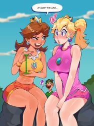 1boy 2girls ? blonde_hair blue_eyes booty_shorts breasts brown_hair characterful diforland female gossip hi_res large_breasts light-skinned_female light_skin long_hair luigi male mario_(series) mario_golf nintendo orange_hair princess_daisy princess_peach short_shorts shorts sportswear tan tan-skinned_female tank_top tanned_skin