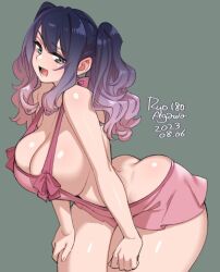 1girls apron artist_name ass_cleavage bare_thighs butt_crack cleavage green_eyes original pink_clothing purple_hair ryo_agawa shiny_skin solo tagme thick_thighs thighs thighs_together