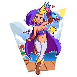 1girls bird blonde_hair breasts earrings falconry_glove hair_bun hood looking_at_viewer medium_breasts midriff navel purple_eyes rotzedust shantae single_glove sky_(shantae) smooth_skin