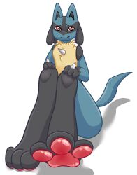 anthro begging black_body blue_body close_up_feet closed_legs feet furry heart_eyes looking_at_viewer lucario nintendo pointy_ears pokemon pokemon pokemon_(species) pokemon_dppt pokemon_legends:_arceus red_eyes sitting solo tail toebeans toes