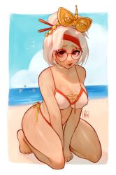 1girls barefoot beach big_breasts bikini bird border breasts cleavage cloud curvy curvy_female curvy_figure female full_body glasses hair_ornament hair_stick horizon large_breasts looking_at_viewer mishroomarts outdoors outside_border purah purah_(tears_of_the_kingdom) red_eyes round_eyewear shadow solo sweat swimsuit tears_of_the_kingdom the_legend_of_zelda the_legend_of_zelda:_tears_of_the_kingdom thick_thighs thighs water wet white_border white_hair wholesome wide_hips
